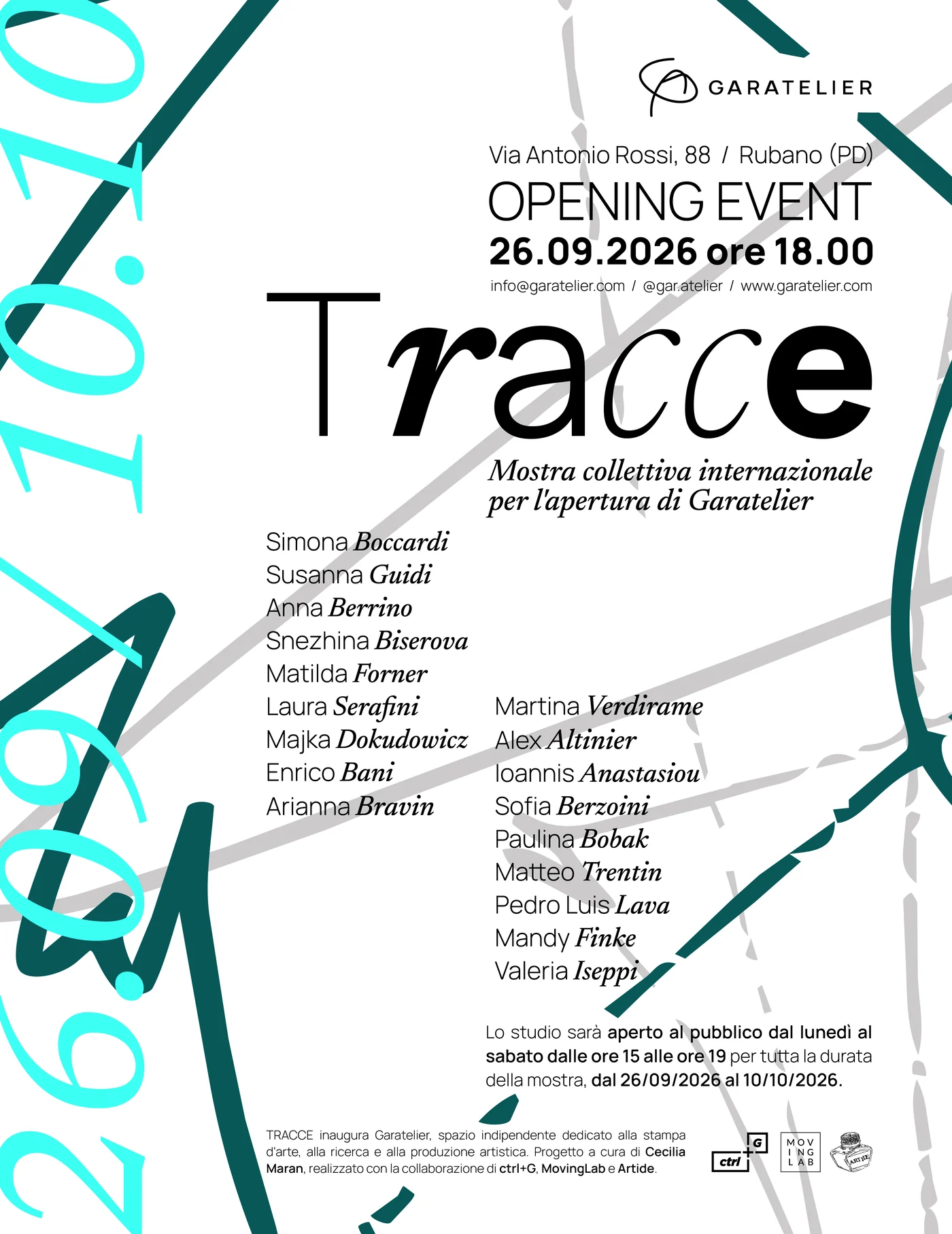 Locandina di «Tracce»: titolo ed elenco degli artisti su fondo chiaro, attraversato dai tracciati in ottanio e grigio