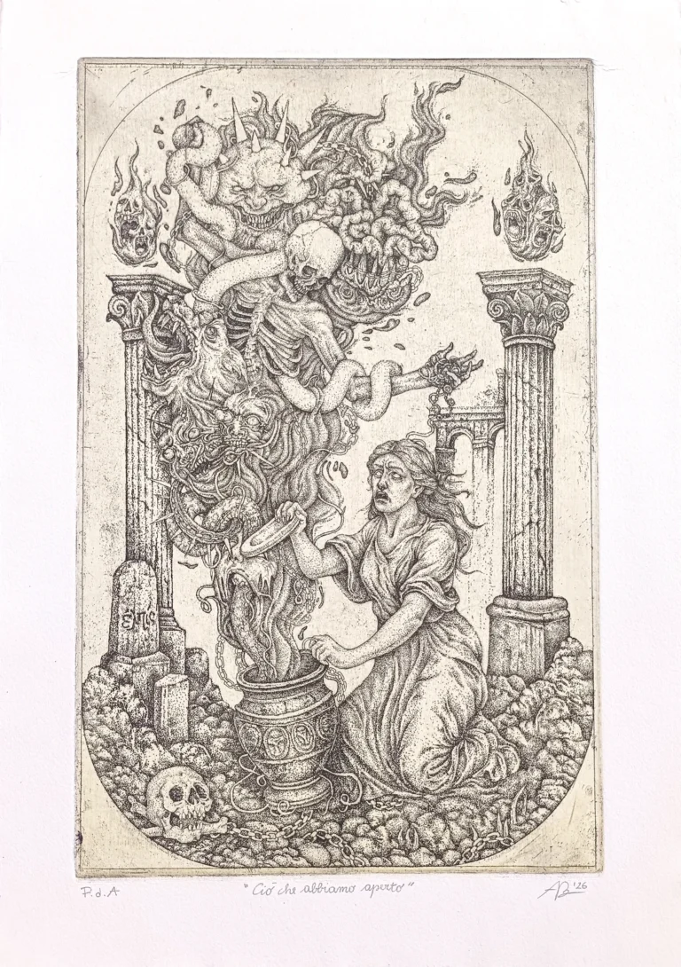 Arianna Bravin, «Ciò che abbiamo aperto» (2026): acquaforte, foglio 35,5 × 25 cm, lastra 30 × 19 cm